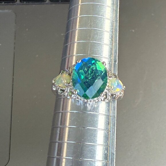 Exotic Peacock Quartz & Opal Ring in Sterling Silver Size 11 - Picture 8 of 9